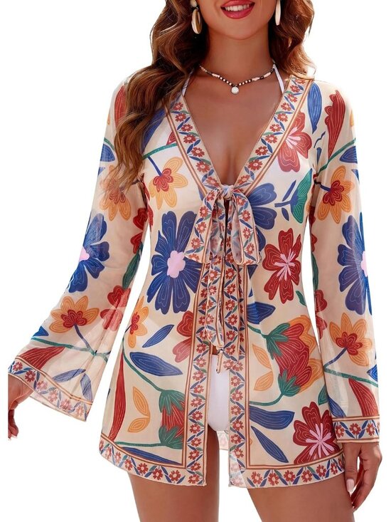 Other - Womens Tropical Print V Neck Bathing Suit Mesh Floral Hawaiian Swimwear Cover Up
